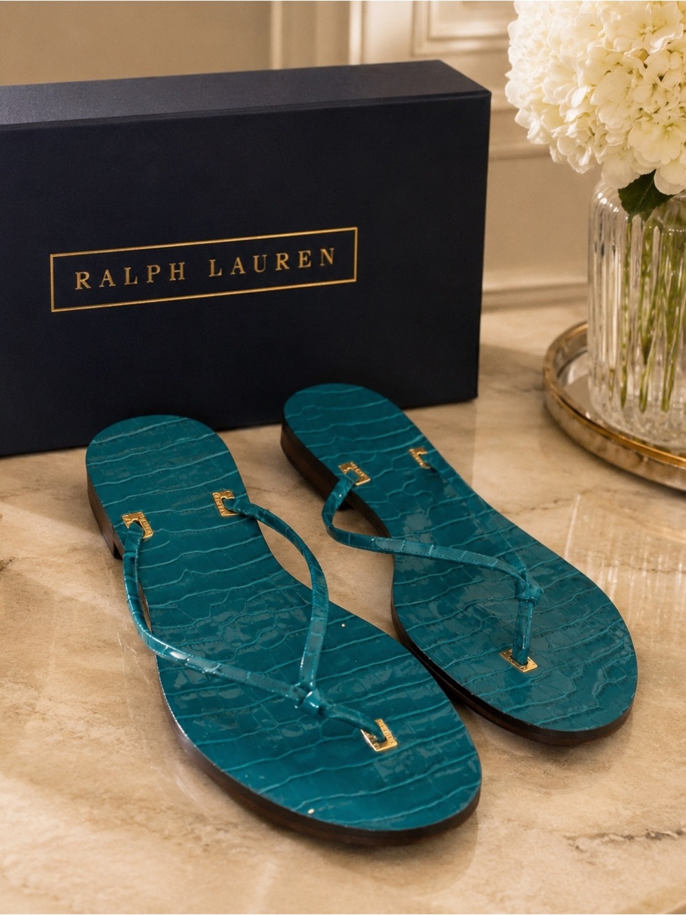 Ralph‎ Lauren Teal Croc Embossed Leather Thong Sandals Gold Hardware Size 7